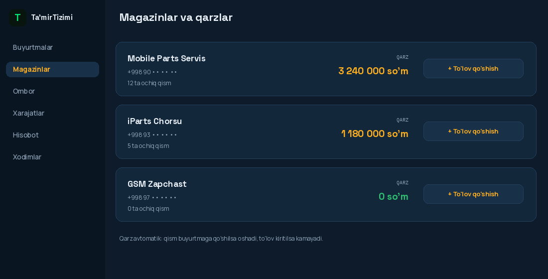 Magazinlar va qarzlar ekrani