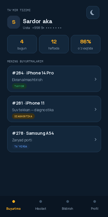 Usta Mini App — bosh ekran